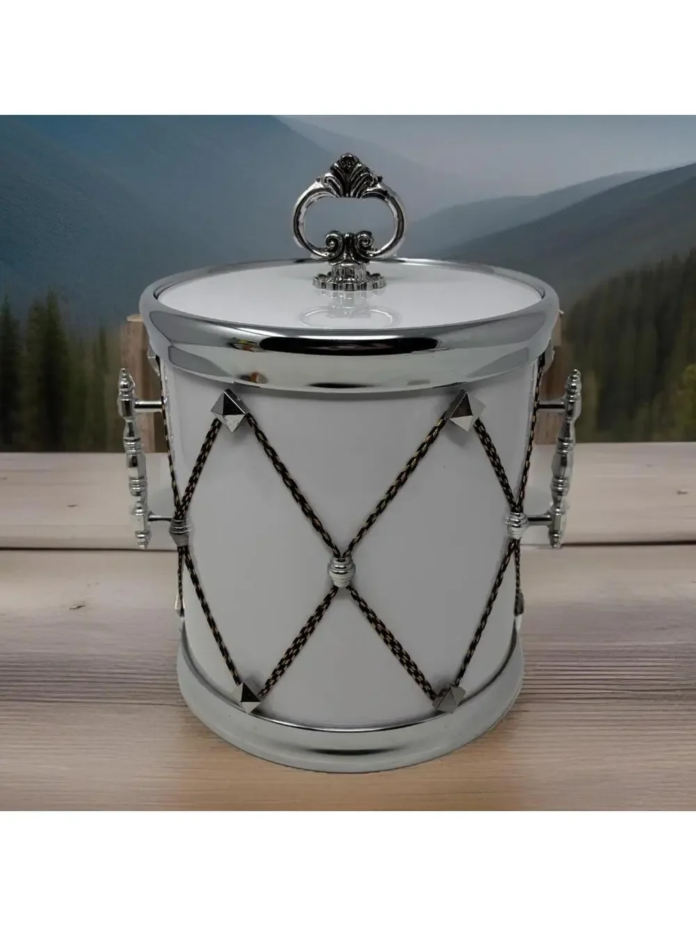VTG Ice Bucket with Lid Snare Drum MCM Barware White & Silver Design Bar Ware